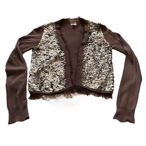 Anthropologie John & Jenn taupe brown sequin cropped cardigan sweater S